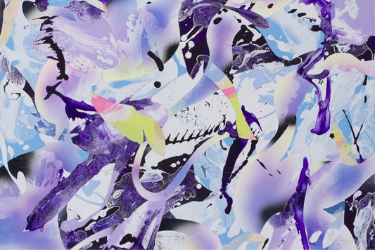 Abstract painting by Dao Ming Chuang from the Transition series with flowing purple and blue forms, layered curves, and dynamic movement across the surface.